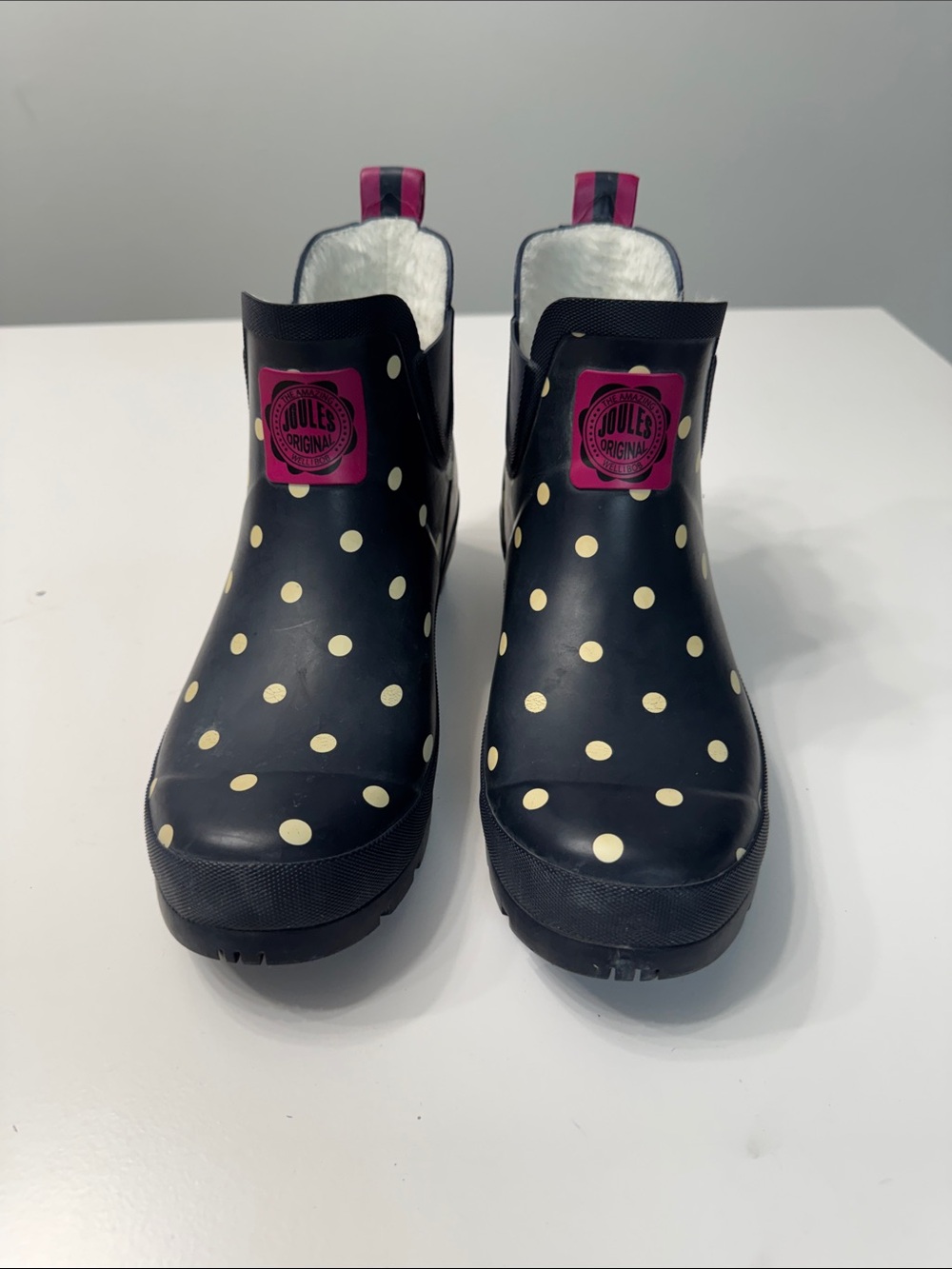 Joules Navy Polka Dot Chelsea Rain Boots with Pink Logo